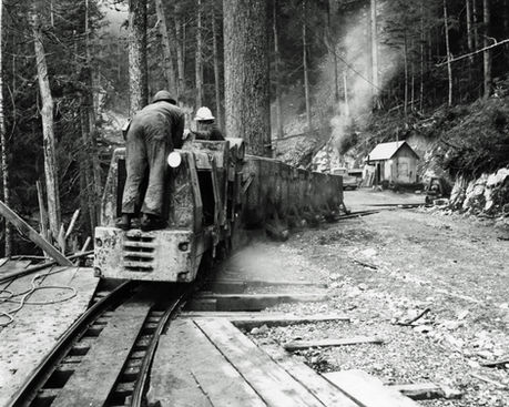 Two men on a train in the forest, wooden tracks, smoky background.