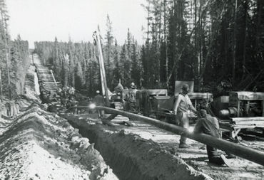 Workers installing pipeline in a trench with equipment in a forest setting.